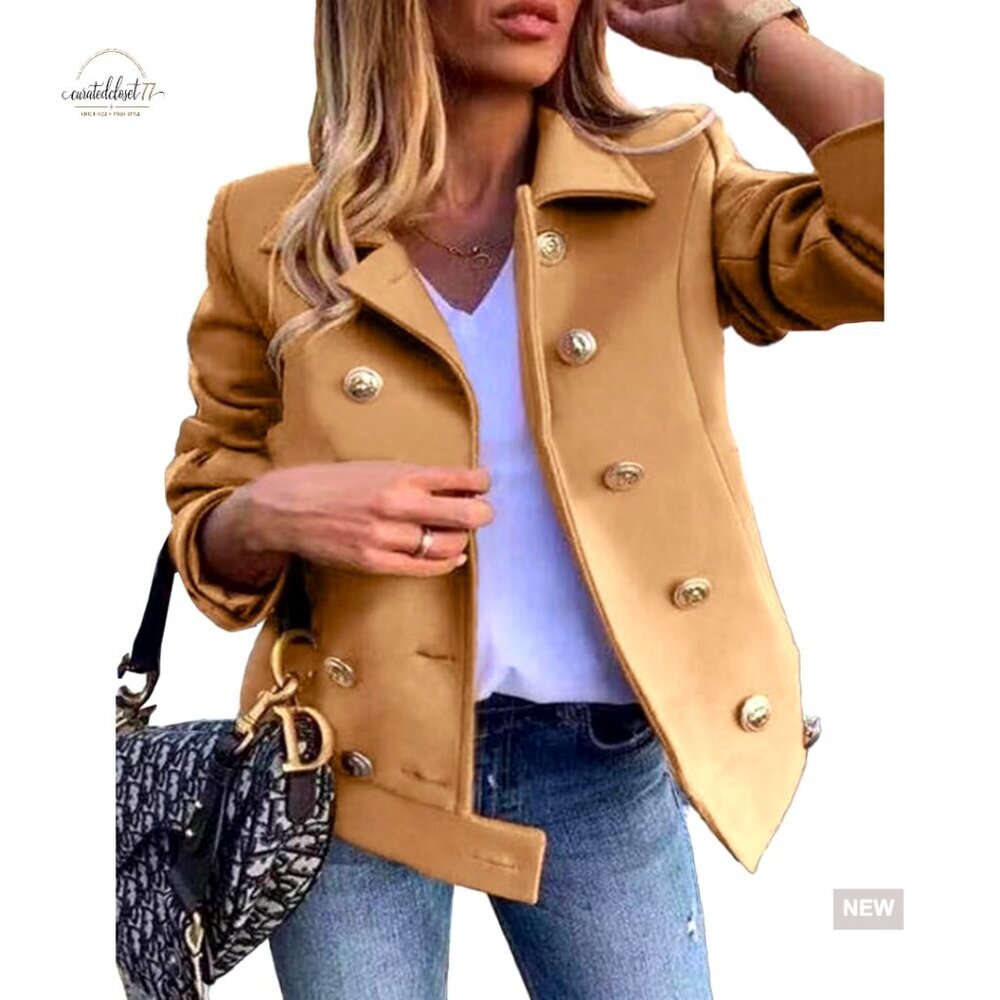 Cropped Wool Pea Coat Double Breasted Blazer Jacket Women's Fall Winter